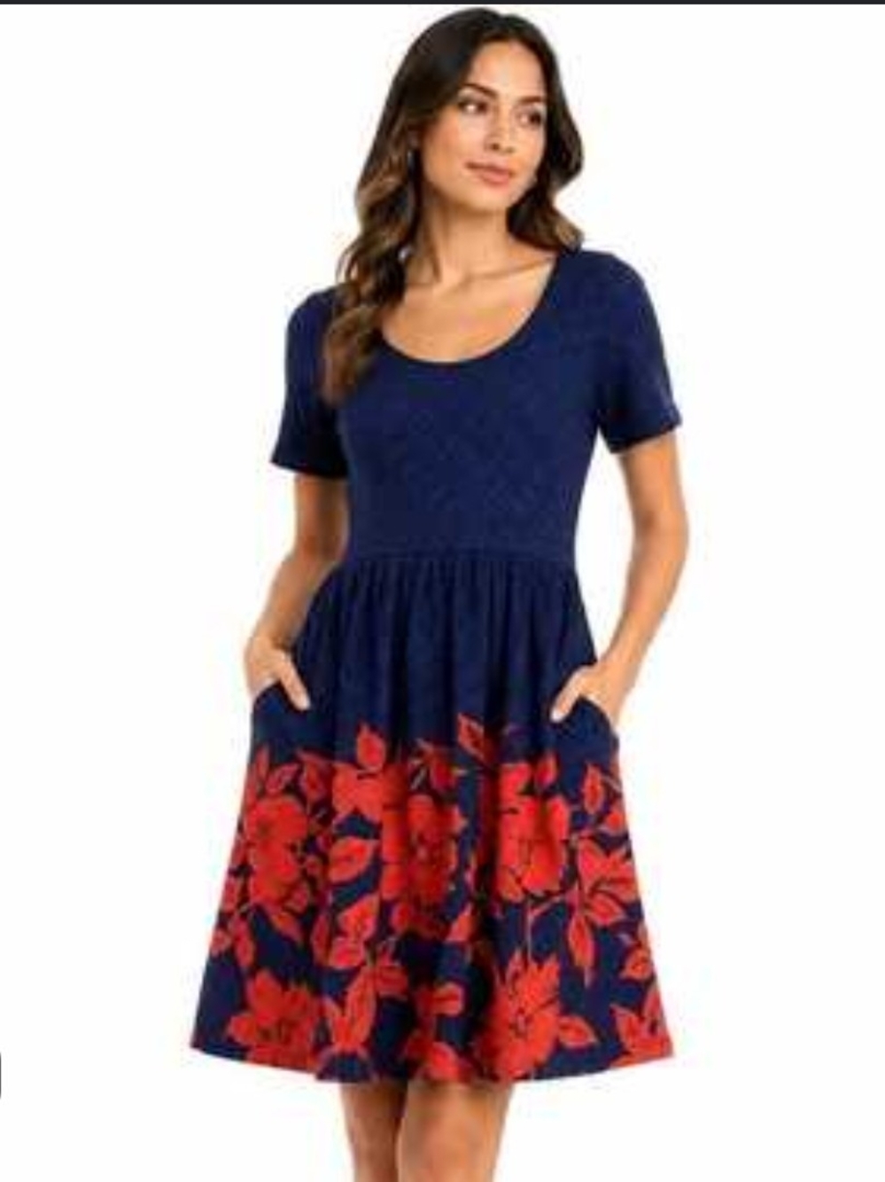 Navy Floral Fit & Flare Midi Dress with Red Bloom